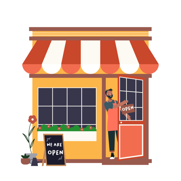 A business owner putting out an "open" sign on a storefront.